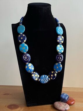 Artisan Blue ceramic necklace with silver tone chain spacers - ceramic necklace